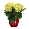 Hortensia kunstplant/kunstbloemen 36 cm - groen/roze - in pot rood - Kunstplanten