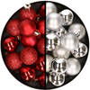 36x stuks kunststof kerstballen rood en zilver 3 en 4 cm - Kerstbal