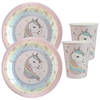 Eenhoorn feest wegwerp servies set - 10x bordjes / 10x bekers - roze - Feestpakketten