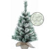 Mini kerstboom besneeuwd met verlichting - in jute zak - H60 cm - lichtgroen - Kunstkerstboom