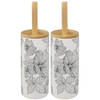 2x stuks WC-/toiletborstel met houder wit/zwart met hibiscus bloemen patroon zandsteen/bamboe 38 cm - Toiletborstels