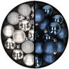 36x stuks kunststof kerstballen zilver en donkerblauw 3 en 4 cm - Kerstbal