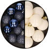 36x stuks kunststof kerstballen donkerblauw en wol wit 3 en 4 cm - Kerstbal