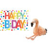 Pluche knuffel flamingo 18 cm met A5-size Happy Birthday wenskaart - Vogel knuffels