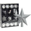 Kerstballen en ornamenten incl. ster piek zilver/wit kunststof - Kersthangers