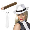 Smiffys - Gangster/maffia verkleed set hoed wit met stropdas en sigaar - Verkleedhoofddeksels
