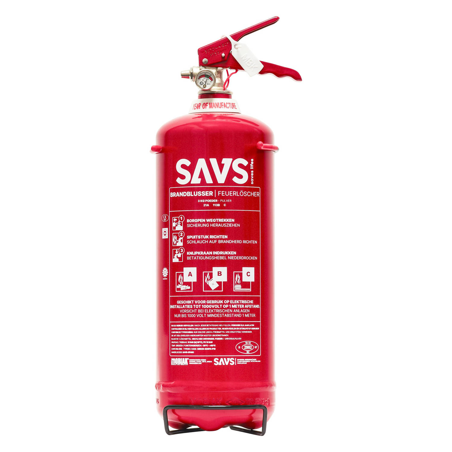 SAVS Brandblusser poeder 3 kg Blusrating 21A 113B C Geproduceerd in Europa