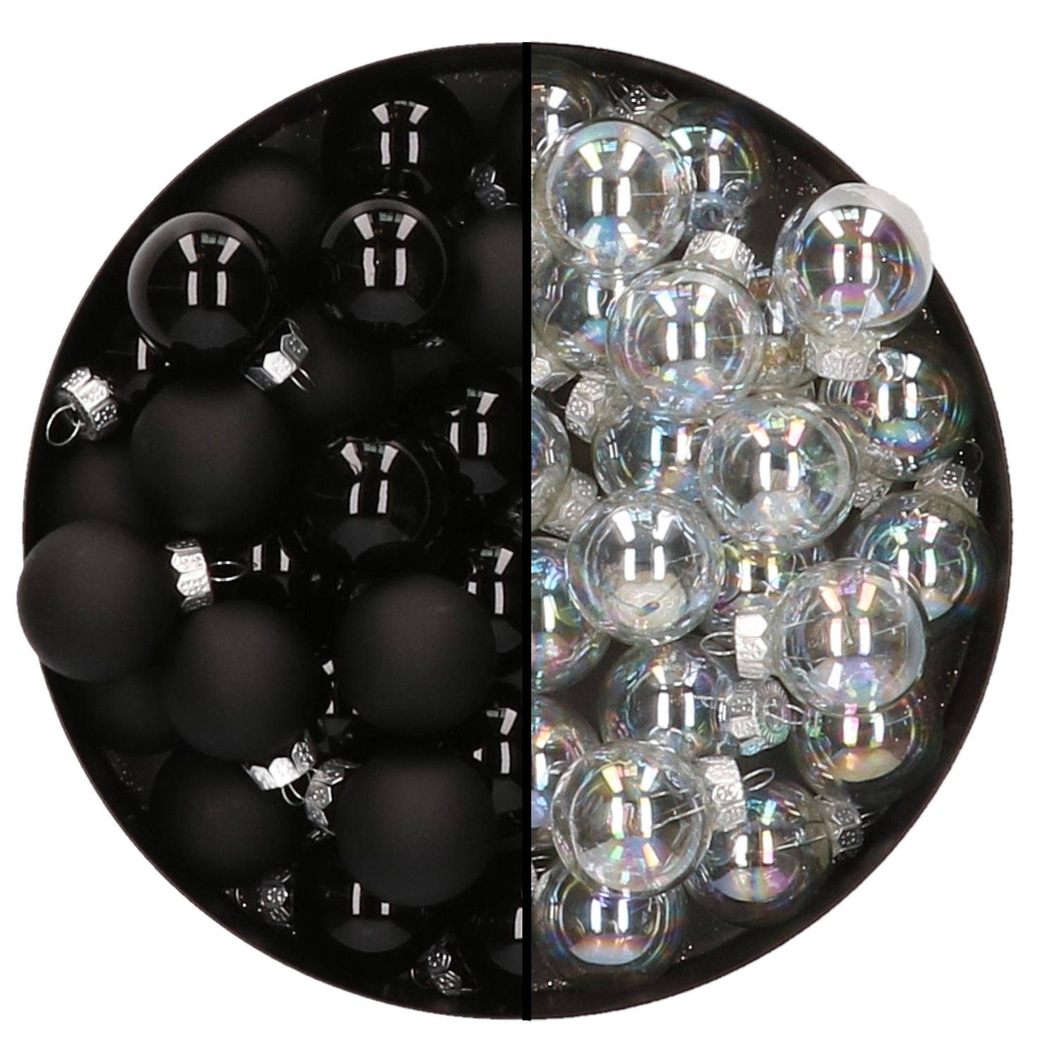 Mini kerstballen 48x st transparant parelmoer en zwart 2,5 cm glas Kerstbal
