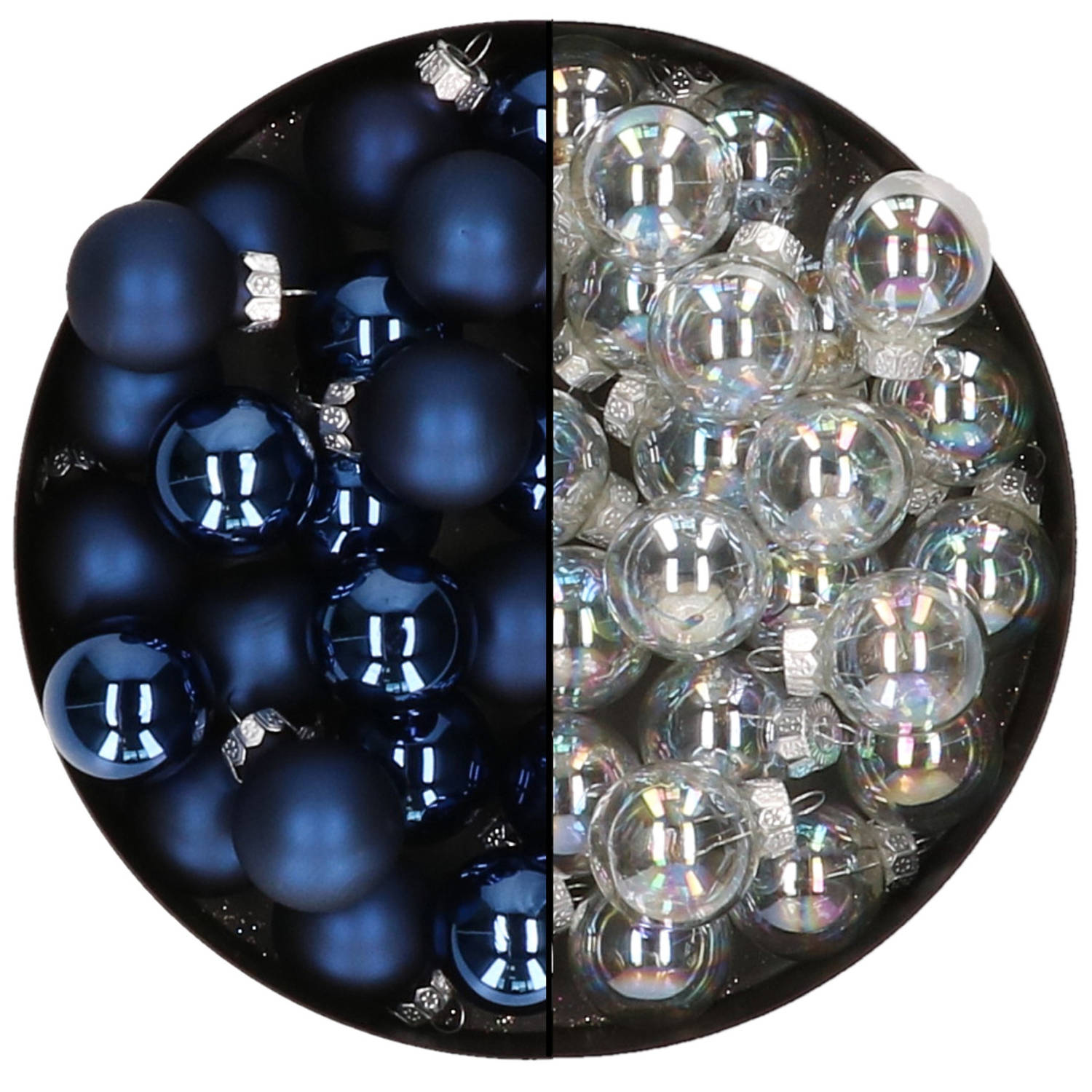 Mini kerstballen 48x- donkerblauw-transparant parelmoer 2,5 cm glas Kerstbal