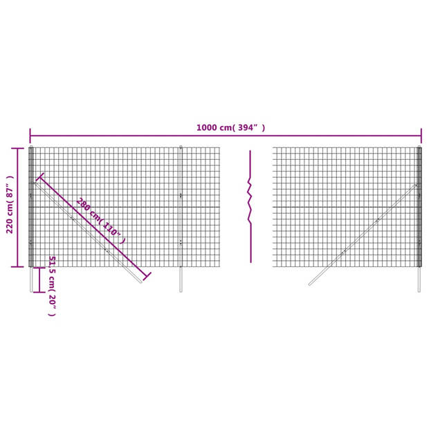 The Living Store Draadgaasomheining - 2.2 x 10m - Groen - Gegalvaniseerd staal met PVC-coating