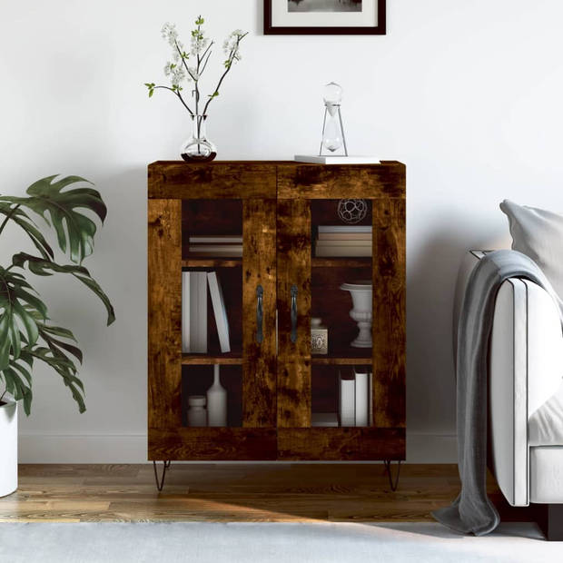 The Living Store Dressoir Smoked Oak - Houten kast met glazen ontwerp - 69.5x34x90 cm - Opbergruimte en displayfunctie