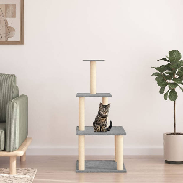 The Living Store Kattenmeubel - Meerdere niveaus - Zacht pluche - Natuurlijke sisal - Lichtgrijs - 47.5 x 47.5 x 111 cm