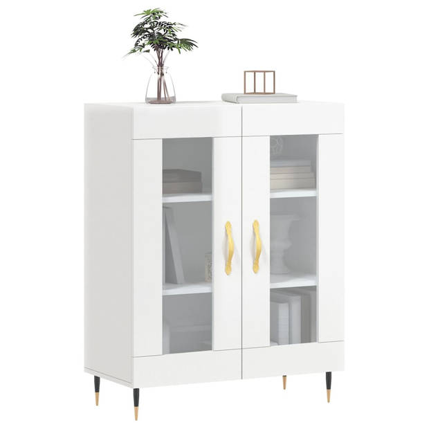 The Living Store Dressoir - Hoogglans wit - 69.5x34x90cm - Glas ontwerp - Metalen voeten