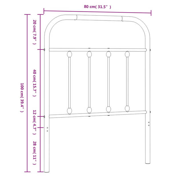 vidaXL Hoofdbord metaal zwart 75 cm