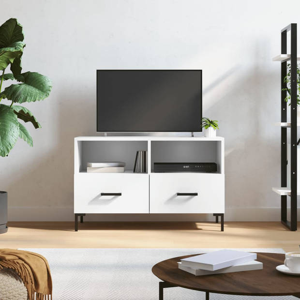 The Living Store TV-meubel - Wit - 80 x 36 x 50 cm - Bewerkt hout en ijzer