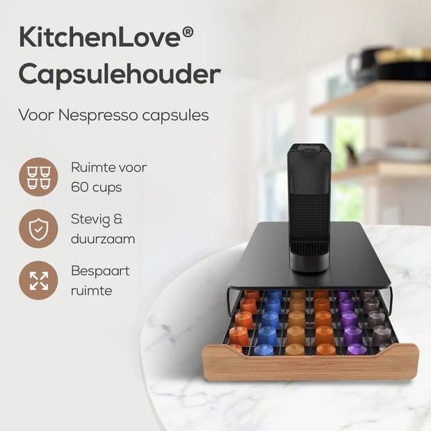 KitchenLove Capsulehouder Nespresso - Cuphouder - Met Lade - Voor Koffiecups - 60 Cups - Zwart Met Bamboe Hout