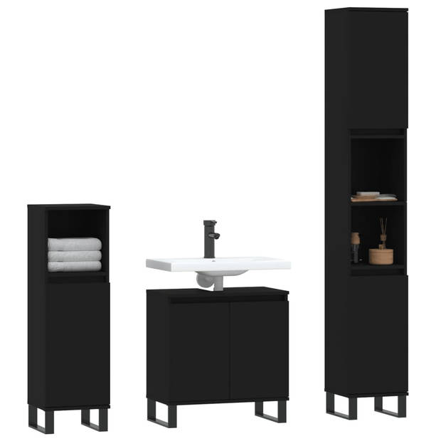 The Living Store badkamermeubelset - zwart - bewerkt hout en ijzer - 30x30x190 cm (hoog) - 30x30x100 cm (laag) -