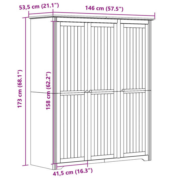 vidaXL Kledingkast BODO 146x53,5x173 cm massief grenenhout wit