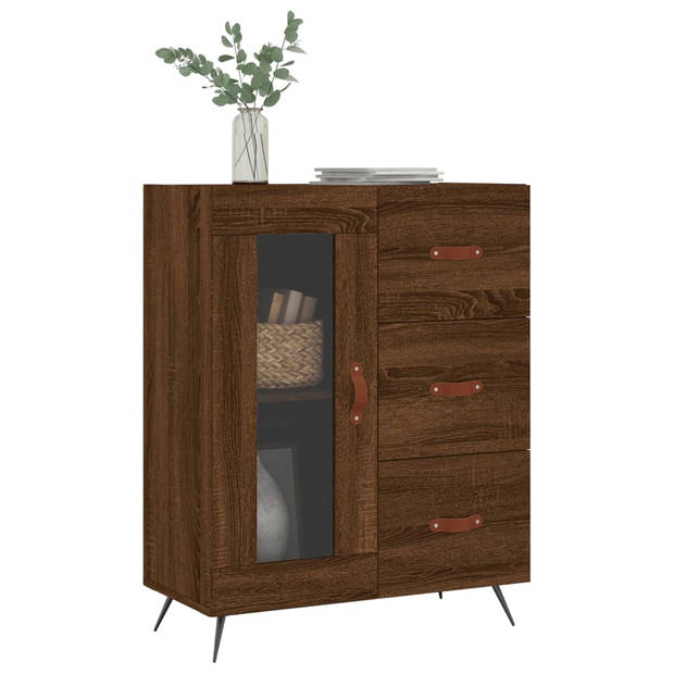 The Living Store Dressoir Vintage Bruineiken - 69.5 x 34 x 90 cm - Bewerkt Hout - Metaal - Glas