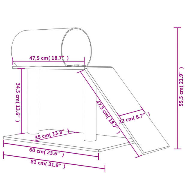 vidaXL Kattenmeubel met tunnel en ladder 55,5 cm lichtgrijs