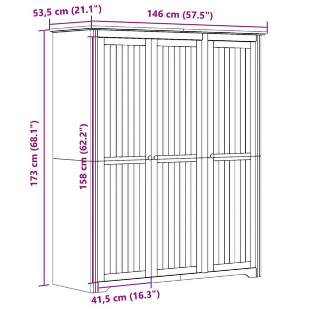 vidaXL Kledingkast BODO 146x53,5x173 cm massief grenenhout wit bruin