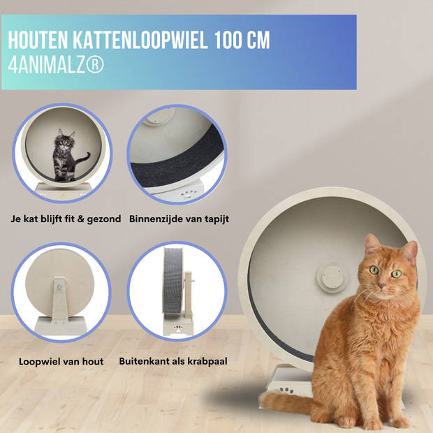 4animalz® Houten Katten Loopwiel XL Ø 100 cm - 120 cm hoog