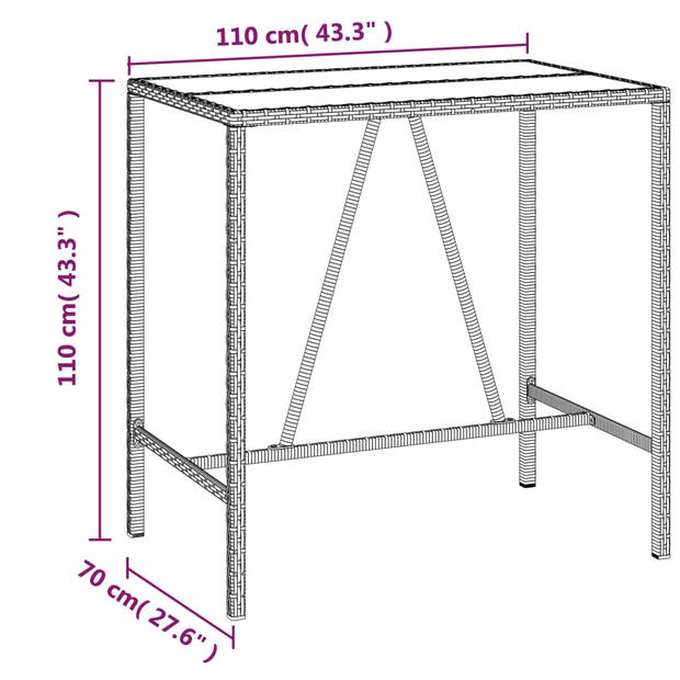 vidaXL Bartafel met glazen blad 110x70x110 cm poly rattan grijs