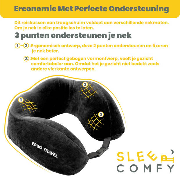 Sleep Comfy - Ergo Travel Serie - Luxe Reiskussen - Traagschuim - Zwart - Memory Foam- Vliegtuig Auto Thuiswerken