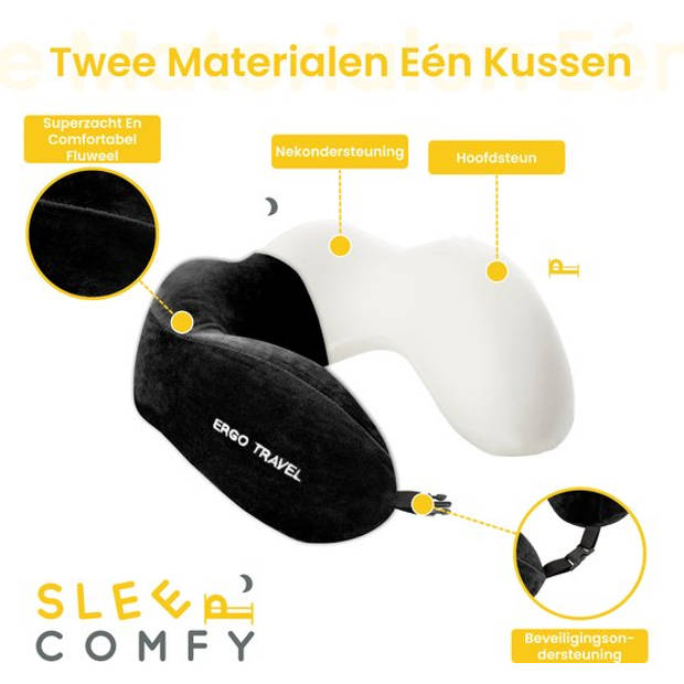Sleep Comfy - Ergo Travel Serie - Luxe Reiskussen - Traagschuim - Zwart - Memory Foam- Vliegtuig Auto Thuiswerken