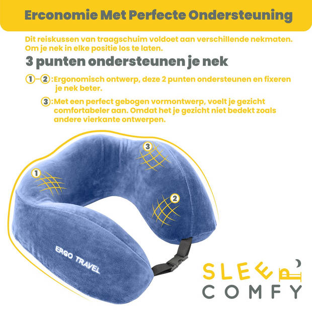 Sleep Comfy - Ergo Travel Serie - Luxe Reiskussen - Traagschuim - Blauw - Memory Foam- Vliegtuig Auto Thuiswerken