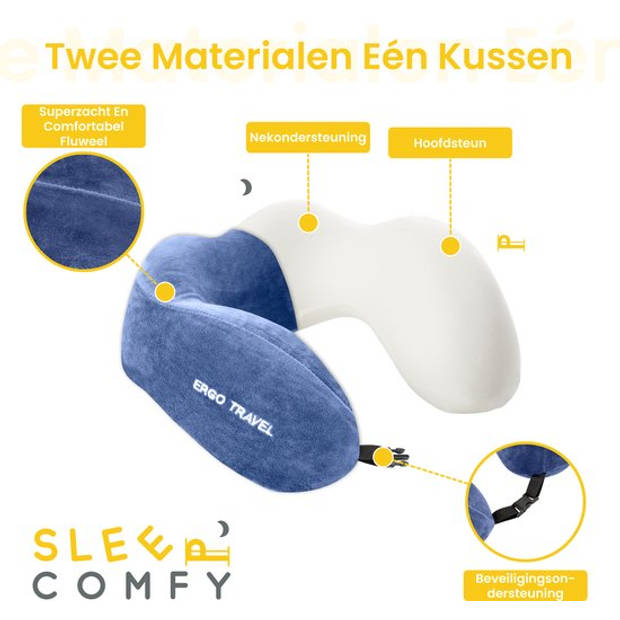 Sleep Comfy - Ergo Travel Serie - Luxe Reiskussen - Traagschuim - Blauw - Memory Foam- Vliegtuig Auto Thuiswerken