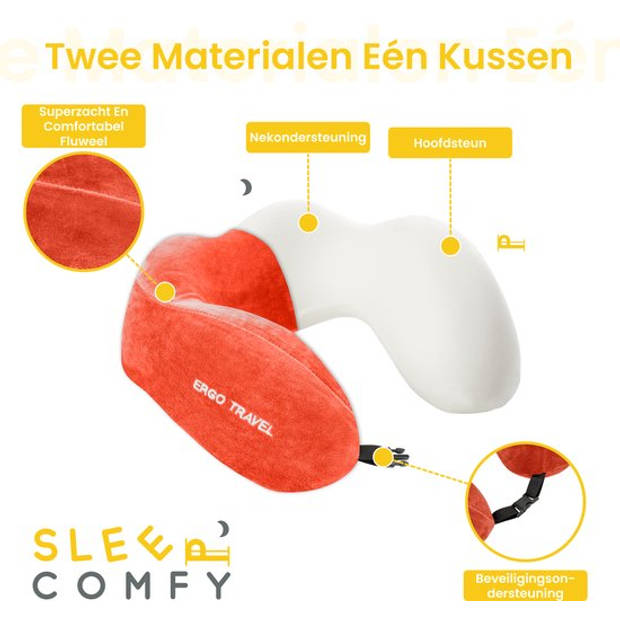 Sleep Comfy - Ergo Travel Serie - Luxe Reiskussen - Traagschuim - Oranje - Memory Foam- Vliegtuig Auto Thuiswerken
