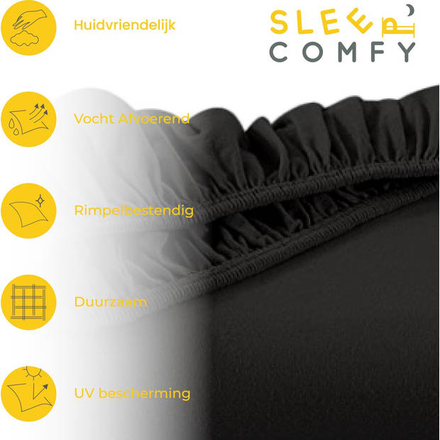 Sleep Comfy - 100% Katoen Premium Hoeslaken 90x200 cm - Jersey - Antibacteriëel - Rondom Elastiek - Zwart