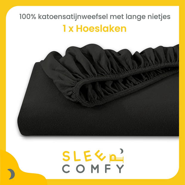 Sleep Comfy - 100% Katoen Premium Hoeslaken 90x200 cm - Jersey - Antibacteriëel - Rondom Elastiek - Zwart
