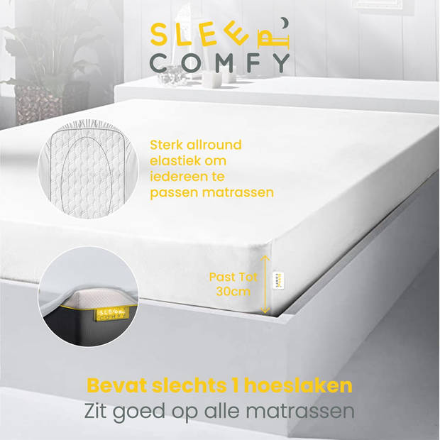 Sleep Comfy - 100% Katoen Premium Hoeslaken 160x200 cm - Jersey - Antibacteriëel - Rondom Elastiek - Wit