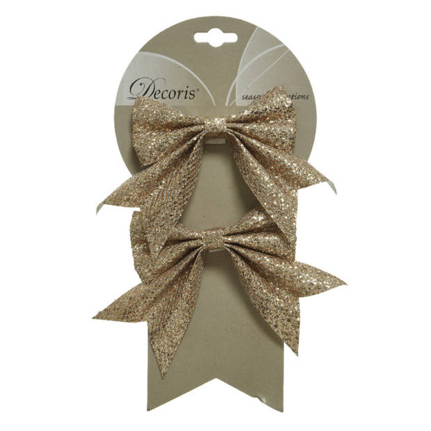 2x stuks decoratie strikjes/strikken champagne glitter op clip 18,5 x 14 cm - Kersthangers