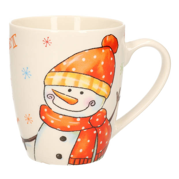 2x stuks kerstmok/wintermok sneeuwpop met oranje muts en sjaal van poreselein 10 cm - Bekers