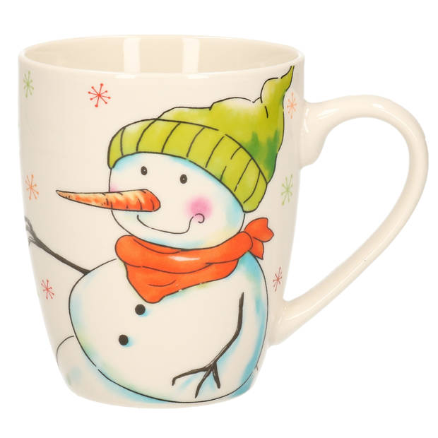 2x stuks kerstmok/wintermok sneeuwpop met groene muts en oranje sjaal van poreselein 10 cm - Bekers