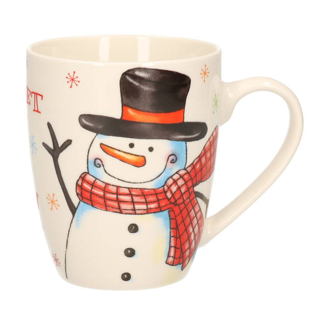 2x stuks kerstmok/wintermok sneeuwpop met zwarte hoed en rode sjaal van poreselein 10 cm - Bekers