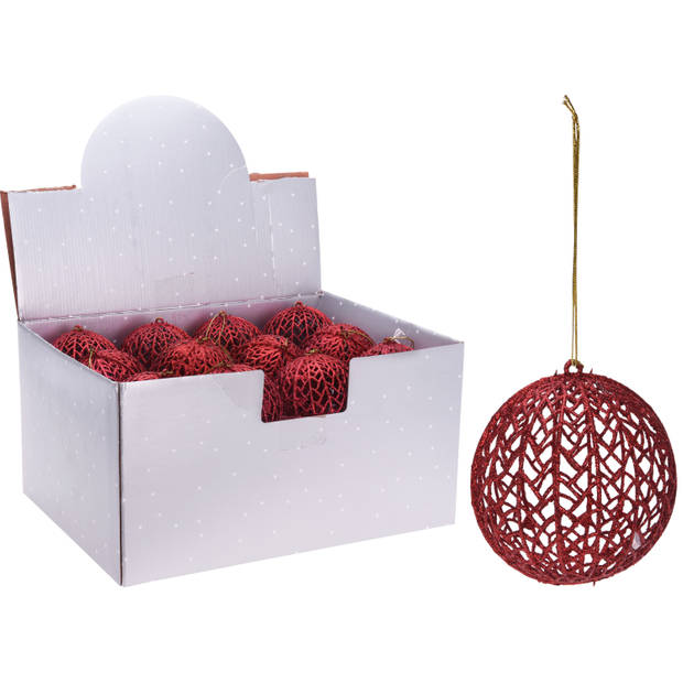 1x Kerstboomversiering rode draad kerstballen met glitters 9 cm - Kerstbal