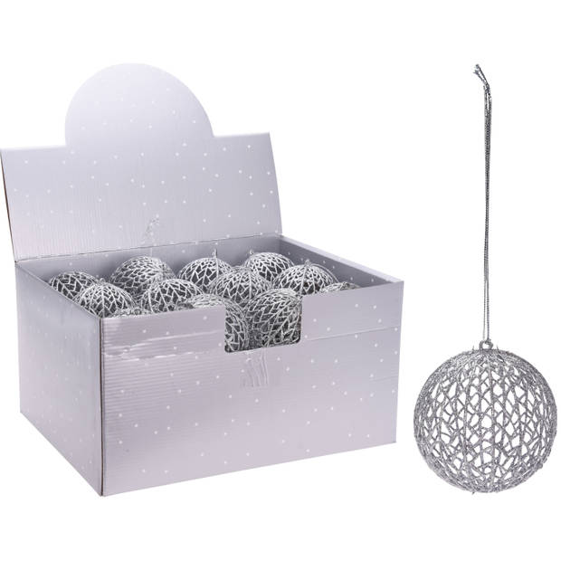 Kerstboomversiering zilveren draad kerstballen met glitters 9 cm - Kerstbal