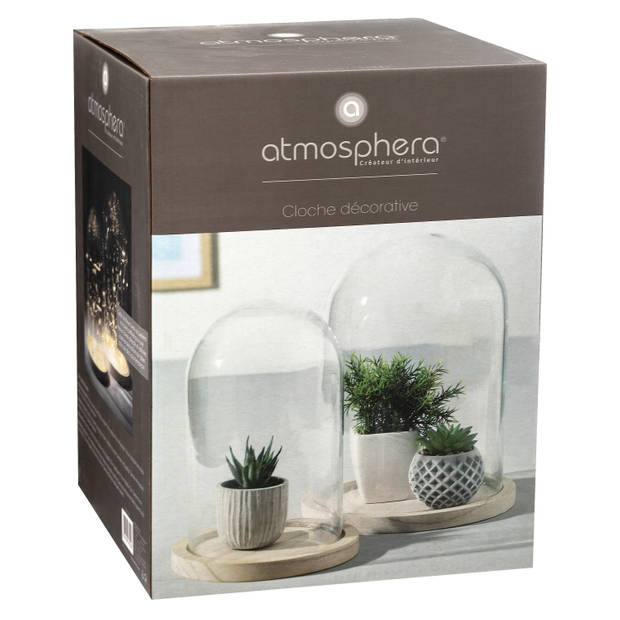 Atmosphera Home decoratie glazen stolp op houten plateau - glas/lichtbruin - D23 x H29.5 cm - Decoratieve stolpen