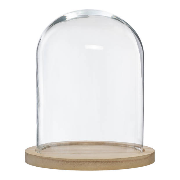 Atmosphera Home decoratie glazen stolp op houten plateau - glas/lichtbruin - D23 x H29.5 cm - Decoratieve stolpen