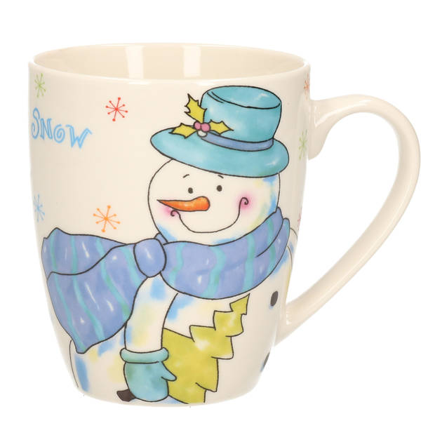 2x stuks kerstmok/wintermok sneeuwpop met blauwe muts en sjaal van poreselein 10 cm - Bekers