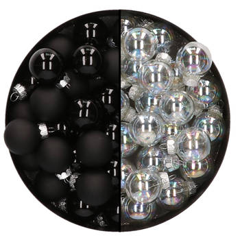 Mini kerstballen - 48x- transparant parelmoer/zwart - 2,5 cm - glas - Kerstbal