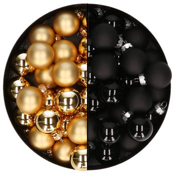 Mini kerstballen - 48x st - goud en zwart - 2,5 cm - glas - Kerstbal