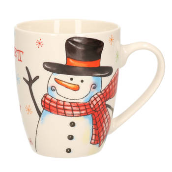 Kerstmok/wintermok sneeuwpop met zwarte hoed en rode sjaal van poreselein 10 cm - Bekers