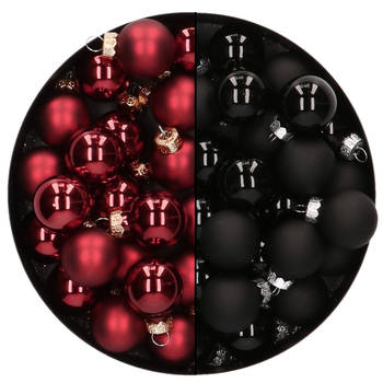 Mini kerstballen - 48x st - donkerrood en zwart - 2,5 cm - glas - Kerstbal