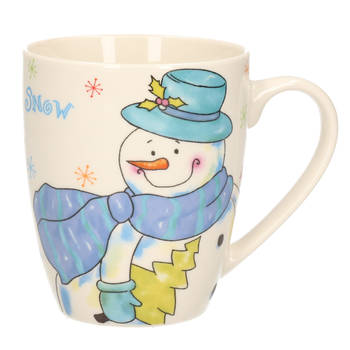Kerstmok/wintermok sneeuwpop met blauwe muts en sjaal van poreselein 10 cm - Bekers
