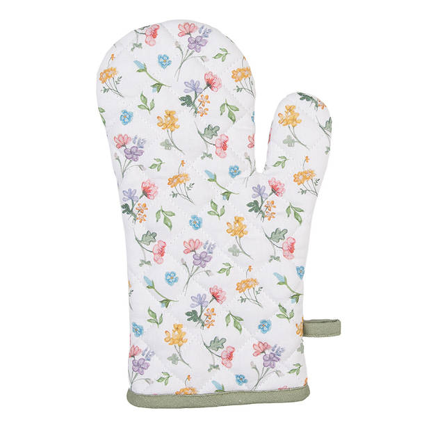 Clayre & Eef Ovenwant 18x30 cm Wit Groen Katoen Bloemen Wit